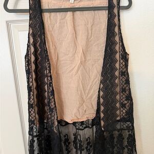 Sheer Black Lace Duster Vest with tan Slip